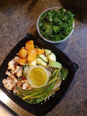 Quinoa, asparagus, avocado, cauli, and sweet potato over fresh spinach and kale/quinoa salad.