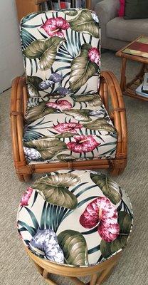 My reupholstered and now comfortable 70 plus year old Rattan Chair.