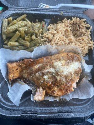 Stuffed Salmon (lobster, shrimp, crab meat), hibachi rice and green beans.