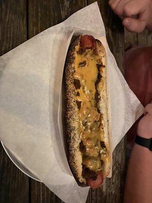 Big ass hot dog, with chili and cheese