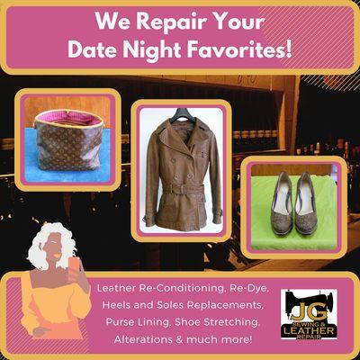 We fix shoes, purse, jackets, and more! Alterations, Re-Sole, Re-dye, bring in your favorite things to wear that need repair!