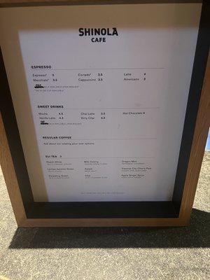 Shinola cafe menu (downstairs)