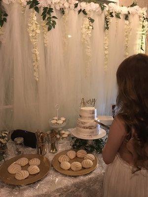 White tulle backdrop with both greenery and white flowers. The backdrop has white lights all along the top but weren't turned on.