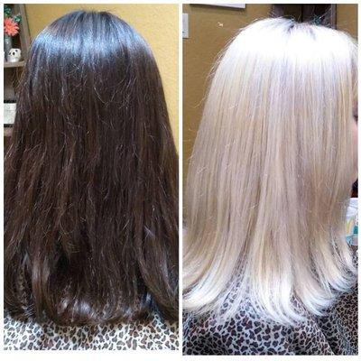 Before and after, blonding on virgin hair.