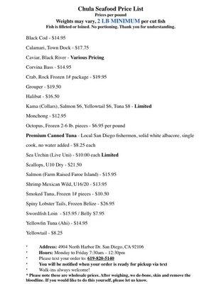 Sample seafood price list