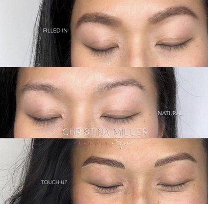 Microblading done in comparison to when the client used a brow pencil to fill them in.