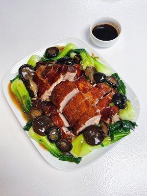 Half Roasted Duck with Black Mushroom and Bokchoy