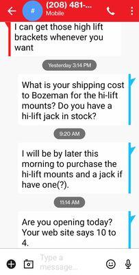 Yesterday's text while I was driving approximately 400 miles to stop by and buy parts.