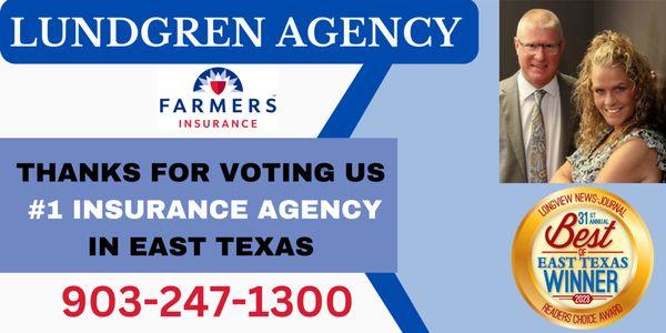 Thanks for voting us #1 insurance Agency in East Texas.  We  our customers!