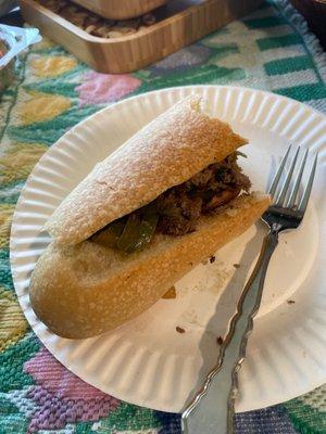 Hot Steak Parmigiana Sub without Parma plus onion peppers and mushrooms,