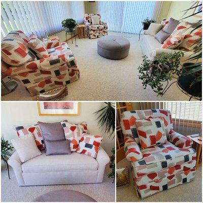 Sunroom makeover- Reupholster loveseat, two arm chairs and ottoman.  with new fabric, pillows, foam, multi color, white, grey...