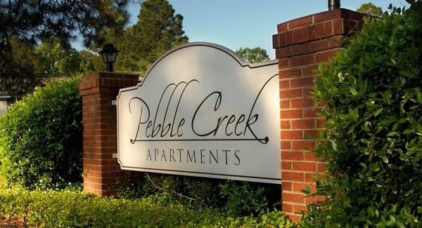 Entrance sign to Pebble Creek Apartments, 5255 Manhattan Road
Jackson, MS 
39206