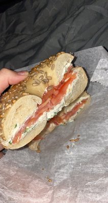 Sunflower seed Bagel with Lox & Scallion Cream Cheese and tomato