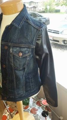 Restyled jean vest into a jean/leather jacket combination