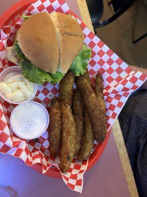 Grilled chicken with excellent deep-fried pickle spears.