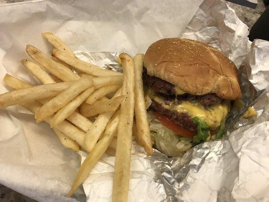 Double stack burger with fries