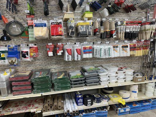 Paint Supplies: paint brush, rollers, trays, paint thinner, and paper roll