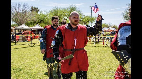 Coach Josh fighting for the First Swords in an Armored Combat event.