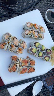 Spicy crab roll, tuna avocado roll, spicy tuna roll, spicy yellow tail