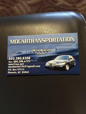 Here is Moe's card. Call him. He is a great person, keeps a clean car, and is cheaper than Uber.