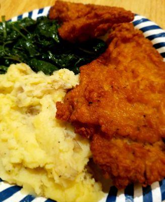 Carolina fried chicken, mashed potatoes, and spinach..   ~$12 (from prepared food counter ea/ sold per lb). Lazy dinner. Super tasty!