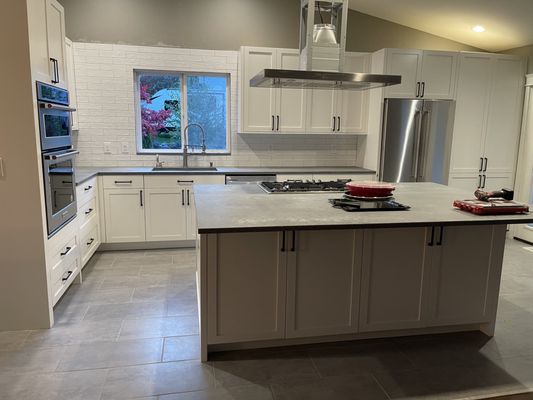 Kitchen and island cabinets.