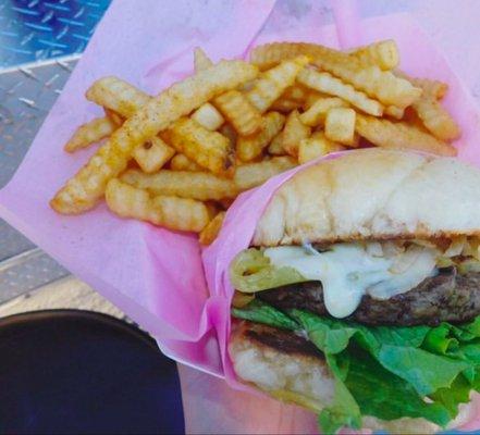 Green chili burger with french fries