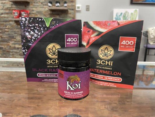 We offer products from many brand but a few are Koi CBD, 3CHI, enjoy, Purrple Alien and rare cannabinoids.