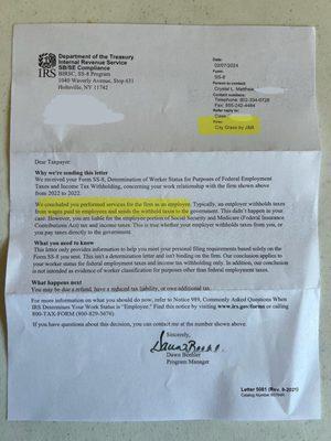 A letter that determined this business misclassified their employees as 1099 contractors.