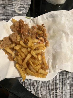 40.6. 6. Fried Baby Shrimp w/ French fries. Look at the grease in the napkin.