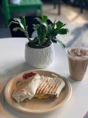 Potato & egg burrito (add sausage) with iced coffee