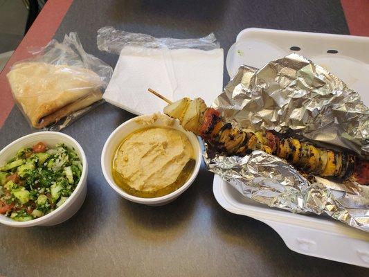 kabob, hummus and tabouleh