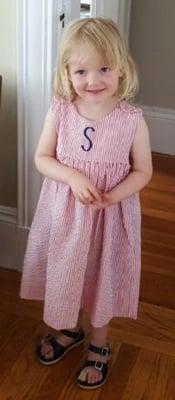 Adorable customer wearing a monogrammed dress!