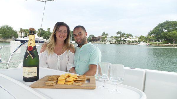 Champagne, cheese and crackers at the lagoon