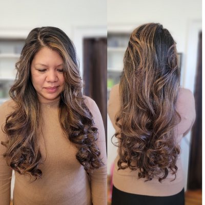 Light golden brown highlights on dark brunette hair.