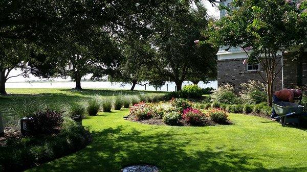 Lakeside property with flowers and grasses