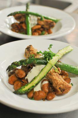 Braised Cannellini Runner Beans with Aromatics, Duck Confit, Crispy Japanese Eggplant with 5-Spice, Seared Spring Asparagus