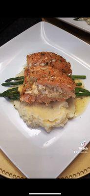 Stuffed Salmon topped with Jumbo shrimp: This image is from a private catering event