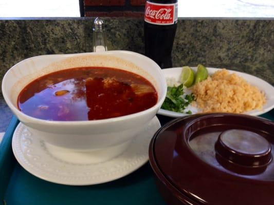 The menudo spread...comes with rice and corn tortillas.  Mexican coke gets it done