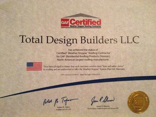 GAF Certified Roofing Certificate