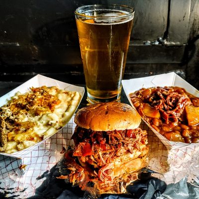 Pulled Pork Sandwich, Smoked BBQ Beans, Smoked Mac & Cheese, and a Belgian Witt from Gasper Brewing Co.