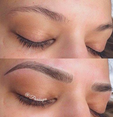 By depositing pigments in the skin, Microblading is done with a handheld tool.