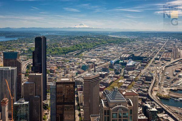 Aerial photo of downtown Seattle and Mt Rainier