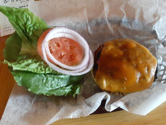 Keepin' it simple: MTO burger with Romaine, tomato,  red onion, cheddar.