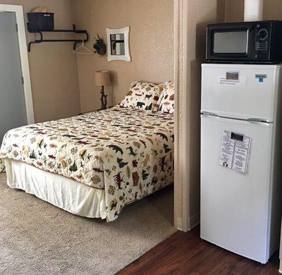 Room six~ Queen bed, full size refrigerator & microwave. Has a back screen door opening up to the lake, offers outside patio furniture.