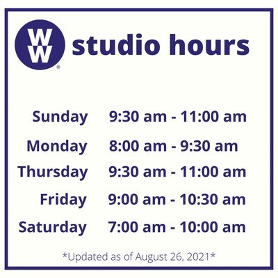 Current hours as of August 26, 2021.  For workshop times visit WW.com