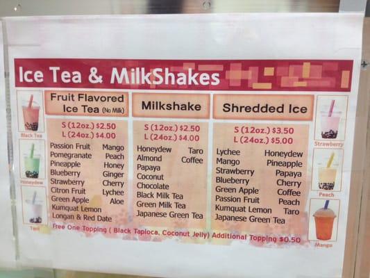 Ice Tea & Milkshakes Menu