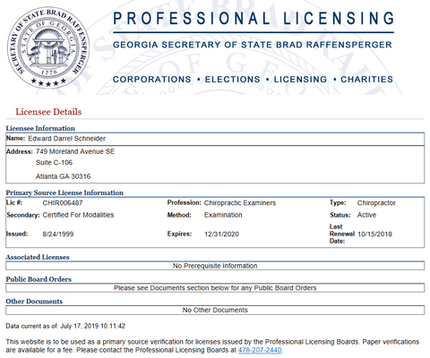 Here is his information. Please contact the board of chiropractors if you have been taken advantage of as well as the GA state attorney.
