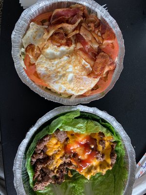 Breakfast platter over shredded salad instead of potatoes. Then a chopped cheese over whole romaine leaves, I ate as burger boats. Perfect