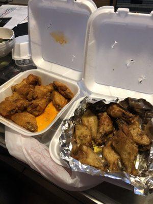 On the left- medium chicken wings On the right- garlic chicken wings